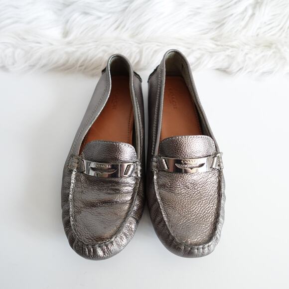 Coach Nola Silver Calf Grain Leather Logo Slip On Driving Shoe Moccasin Loafers - Picture 3 of 16
